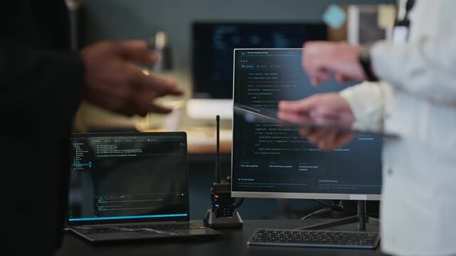African American software specialist discussing threat code with Caucasian colleague using tablet in cyber office, cropped. Ideal for corporate cybersecurity and technology advertising campaigns
