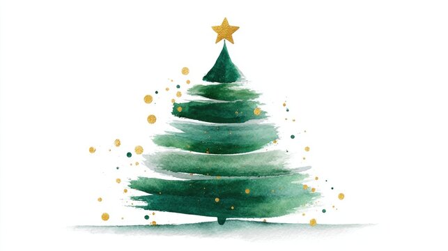 Artistic watercolor christmas tree with golden star and festive details
