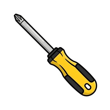 A cartoon illustration of a Phillips head screwdriver with a yellow and black grip handle. Perfect for hardware, home improvement, fixing, and mechanical repair designs