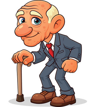 Cute Elderly Businessman Cartoon Character Using Walking Cane, Senior Man in Business Suit with Cane Cartoon Illustration, Smiling Old Businessman Walking with Cane Cartoon Character, Elderly Gentlema