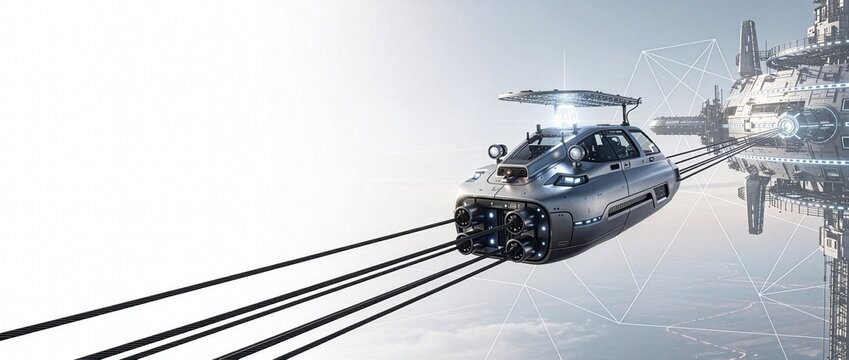 3D Render of Space Elevator Climber Vehicle Ascending Carbon Nanotube Tether Architecture Concept with Copy Space (21:9 Web Header)