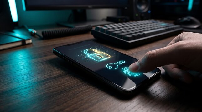 Passkey passwordless authentication concept with smartphone fingerprint unlocking glowing padlock