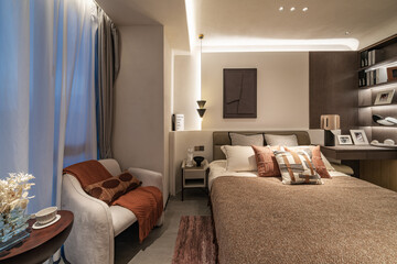 modern minimalist warm bedroom interior with bed and sofa © linen