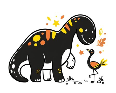 cute black dinosaur and little bird vector illustration with autumn leaves and bright colorful spots in playful cartoon style for children design