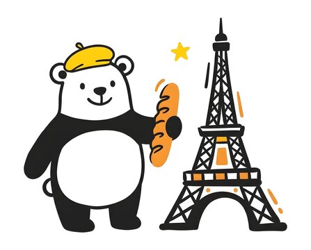 cute panda bear wearing yellow beret holding fresh baguette next to eiffel tower in paris vector illustration graphic design concept