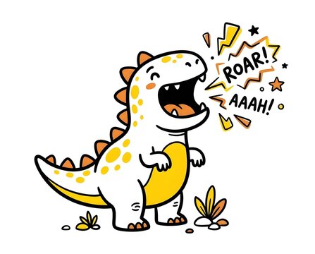cute little white dinosaur roaring loudly with yellow spots and orange spikes graphic vector illustration for kids