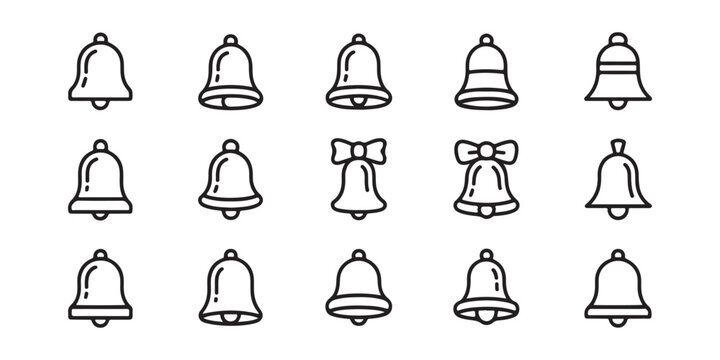 Assorted outline bell icons with decorative bows and simple shapes for design.