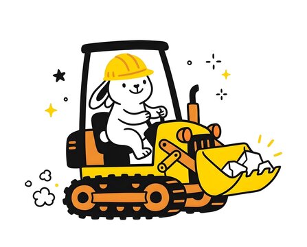 cute bunny driving a yellow excavator construction vehicle with hard hat and rocks vector illustration