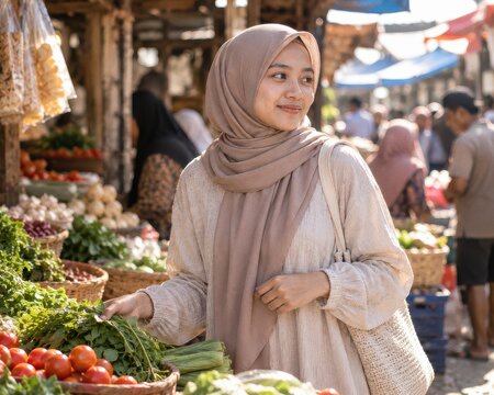 Indonesian Woman in Hijab at Traditional Market, Candid Portrait

