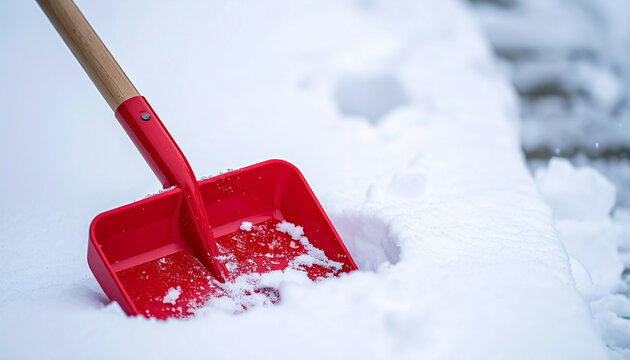 Vibrant red snow shovel contrasting against smooth white snowy surface, clean winter aesthetic. Close-up.