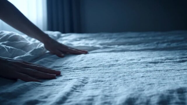 Hands gently smooth white bedsheets in a coolly lit bedroom, showcasing a peaceful morning routine of tidying the bed linens.