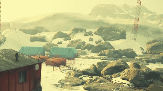 In a quiet, icy frontier, bright tents stand against rugged rocks. Nearby, a simple red structure provides shelter. The snowy ground reflects a serene and chilly atmosphere of isolation.