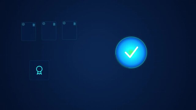 Checkmark icon and document files with certificate badge, 3D rendered graphic for business verification and task completion status