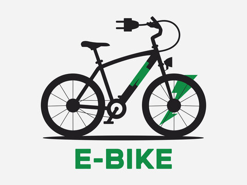 Electric bicycle silhouette with lightning bolt inside the wheel, ebike transportation symbol, sustainable mobility, green travel, and vehicle graphic.