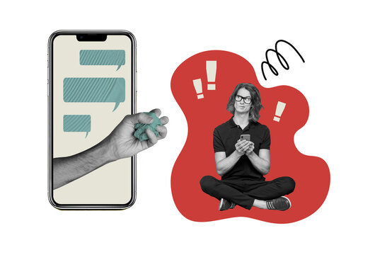 Composite photo collage of minded geek guy hold iphone device hand delete message correspondence text box isolated on painted background