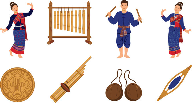 Thai Isan Culture Vector Icon Set with Traditional Folk Dancers Pong Lang Xylophone Khaen Bamboo Pipe and Loom Shuttle for Festival Designs