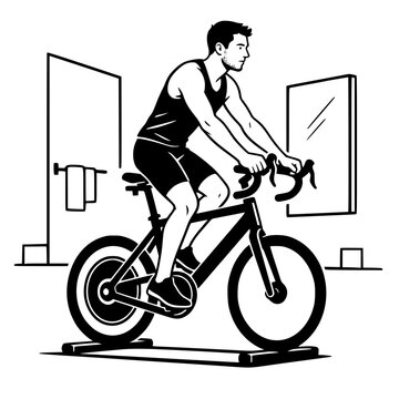 Black and White Vector SVG of a young man stationary bicycle