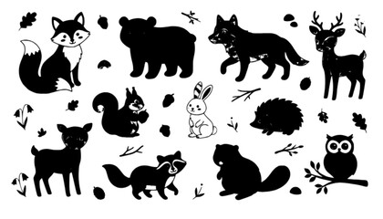 Fototapeta premium Woodland Forest Animals Set with Fox, Bear, Wolf, Deer, Squirrel, Rabbit, Hedgehog, Raccoon, Beaver and Owl Cartoon Illustrations