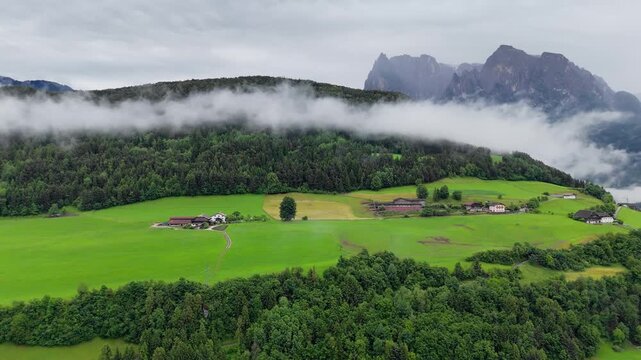 Open green meadows meet dense forest beneath misty mountain cliffs in Dolomites, South Tyrol, Italy. Drone footage