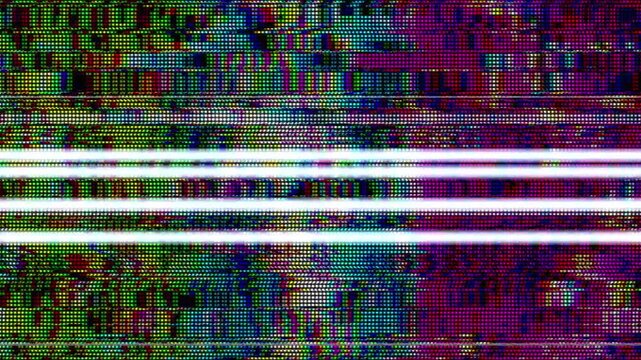 Vibrant crt scanline texture shows digital glitch noise with magenta and green pixels. This retro analog signal creates a static visual art.