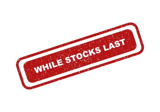 Red rectangular rubber stamp with while stocks last text and texture