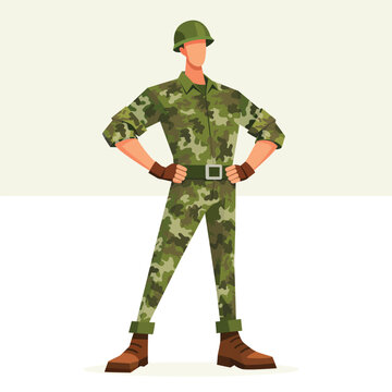 Military Soldier in Camouflage Uniform Flat Vector Illustration, Army Soldier Wearing Camouflage Uniform and Combat Helmet, Military Serviceman Standing with Hands on Hips Cartoon Illustration