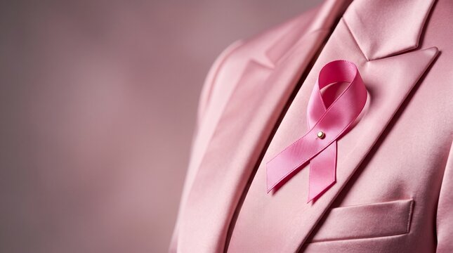 Breast cancer awareness month woman wearing pink ribbon pinned to blazer with copy space