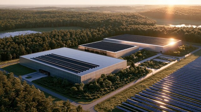 Sustainable data center complex overlooks solar fields and wooded landscape