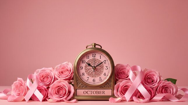 October awareness day with pink roses and vintage clock on pink background with copy space