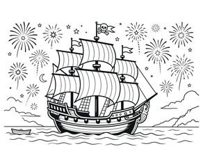 Pirate ship with fireworks and skull flag line art coloring page. © LineVista