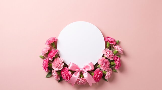 Pink ribbon and carnations for breast cancer awareness in flatlay with copy space