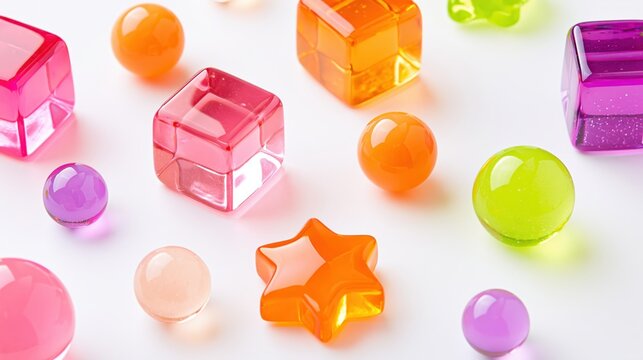 Scattered jelly cubes spheres and stars create a colorful minimal candy pattern