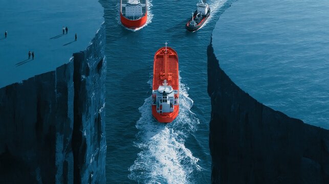 Aerial view of three small boats entering separate channels cut into dark rock and sea, with a shallow depth of field