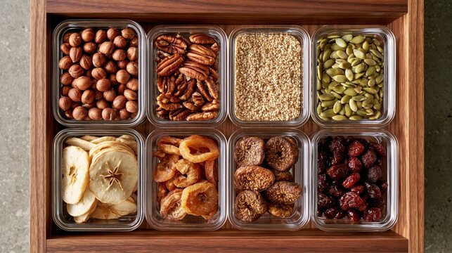 Compact wooden drawer stores nuts seeds dried slices and cranberries