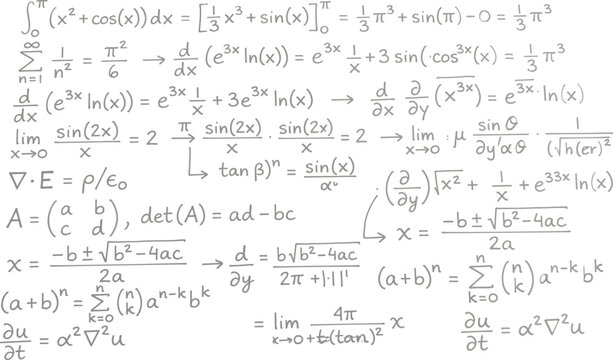 Mathematical Equations and Formulas: A whiteboard filled with complex mathematical equations, calculus, and physics formulas, showcasing abstract scientific concepts and calculations.