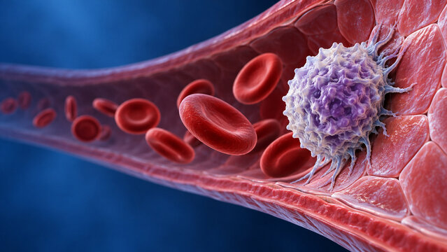 Cancer Cell Adhering to the Inner Wall of a Blood Vessel