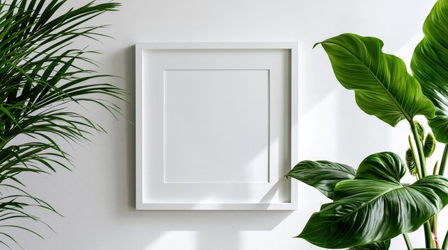 Vertical blank frame framed by lush tropical plants and sunlight