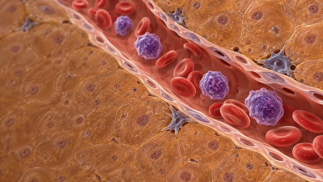 Abnormal Lymphoid Cells Approaching a Liver Sinusoid