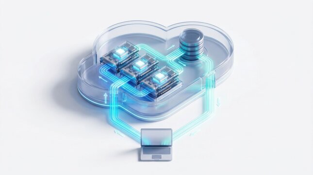 Futuristic GPU cloud computing platform with multiple graphics processors and data storage connected to a laptop in glowing blue illustration