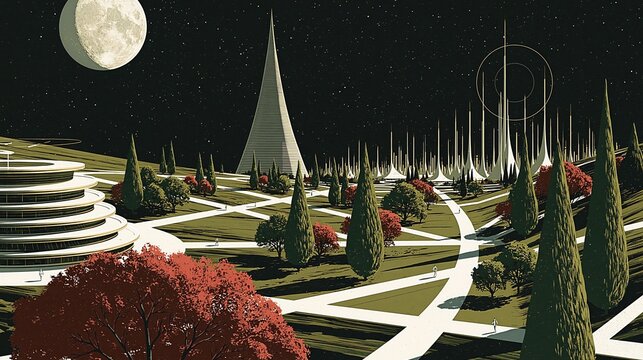 White retro futuristic spire rises beyond geometric landscaped park beneath large moon and dark sky