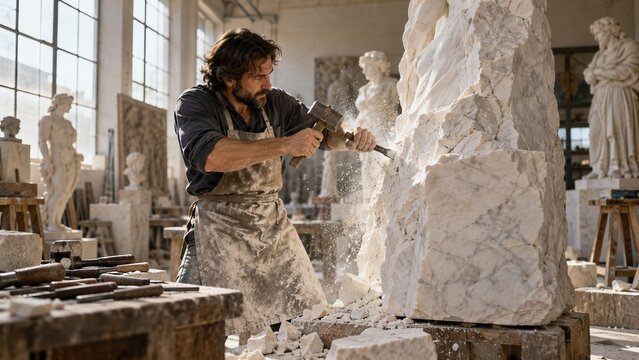 Stone sculptor carving a large marble statue by hand in a bright traditional workshop filled with art