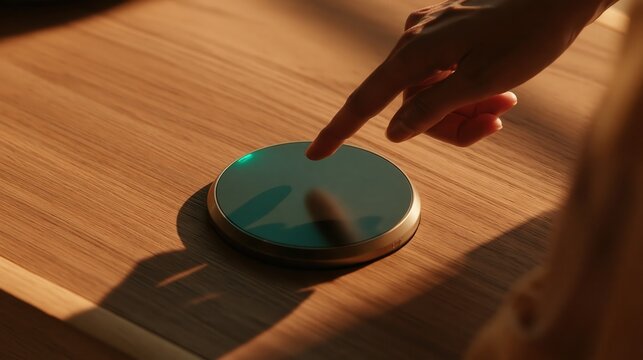 Finger touching a round biometric reader plate set into a wooden desk in warm light, with a shallow depth of field