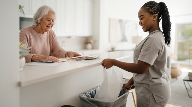Young Black woman helping senior Caucasian lady with paperwork and documents at home kitchen counter
