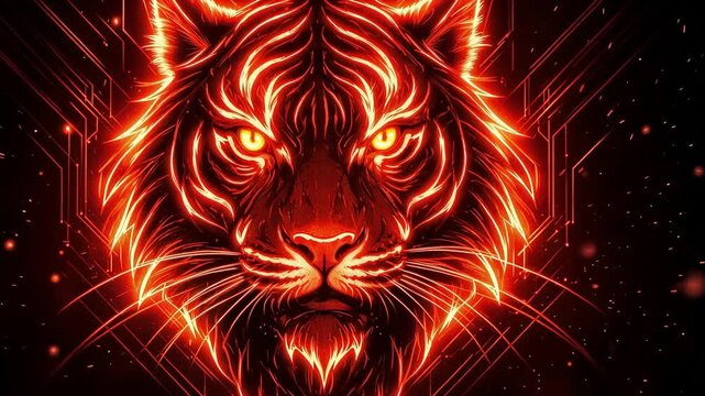 Glowing fiery tiger face with intense eyes and bright red orange lines on dramatic black background