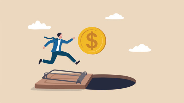 Business trap vector illustration with man running towards money coin over mouse trap and hole