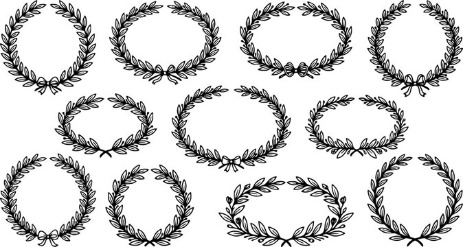 Set of black laurels frames branches with circle borders. Hand drawn collection laurel leaves decorative elements. award, Leaves, invitation decoration, swirls, ornate. Vector icon illustration