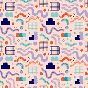 Seamless Memphis pattern with confetti shapes and wavy lines in lilac, mint and orange on peach