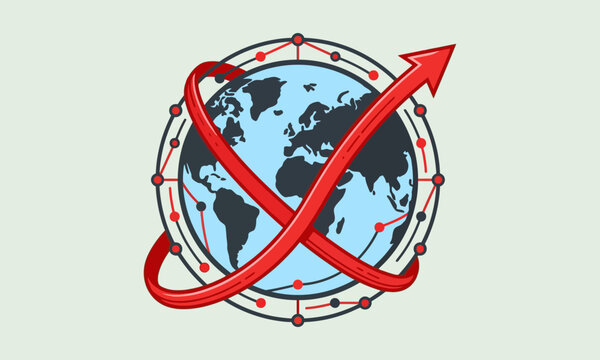 Earth globe wrapped in a red ribbon pointing upward as an arrow