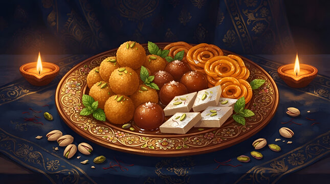 Traditional Indian sweets platter with glowing oil lamps for Bhai Dooj celebration