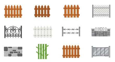 Obraz premium Collection of Diverse Fencing and Barrier Styles: Wood, Metal, Stone, and Bamboo